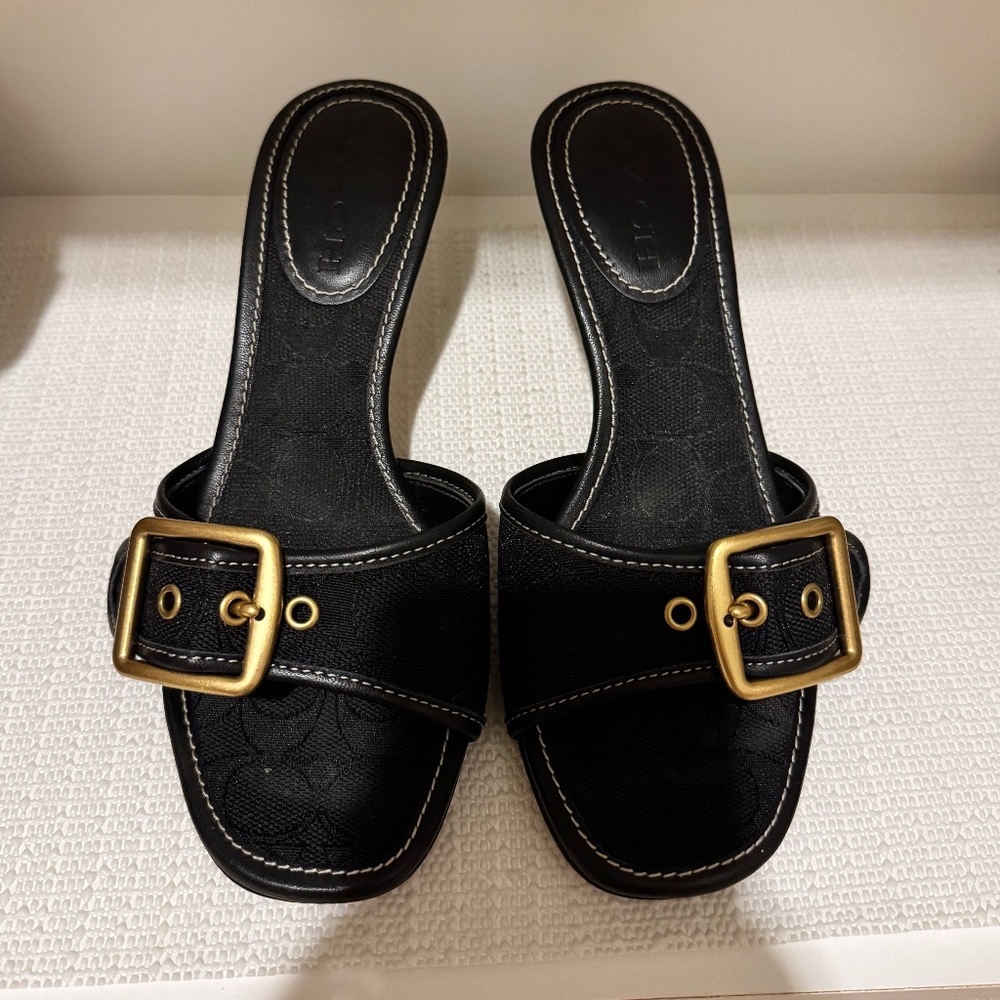 Coach Black Slide Heels with Gold Buckles